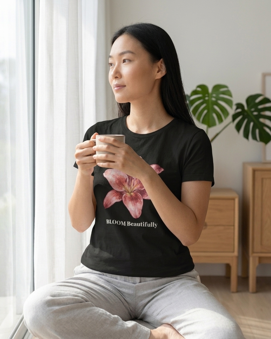 Floral "BLOOM beautifully" Boyfriend Tee — Women's Relaxed Flower T-Shirt